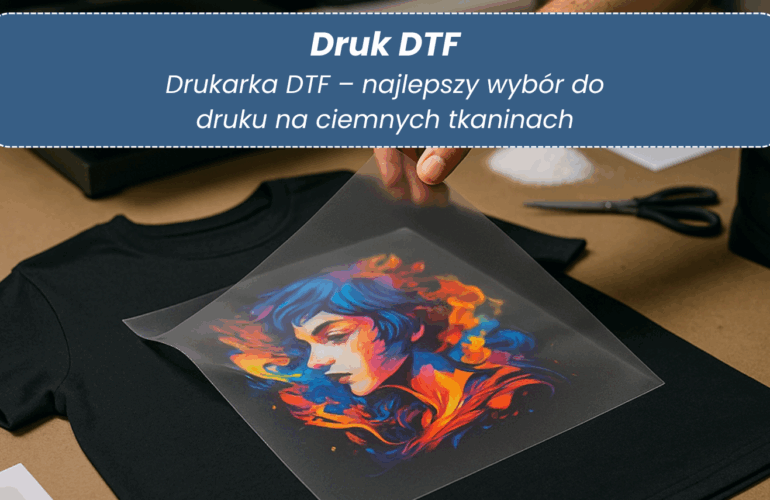 Drukarka DTF w procesie nanoszenia nadruku na ciemną tkaninę, wyraźne kolory i wysoka jakość nadruku na czarnym materiale