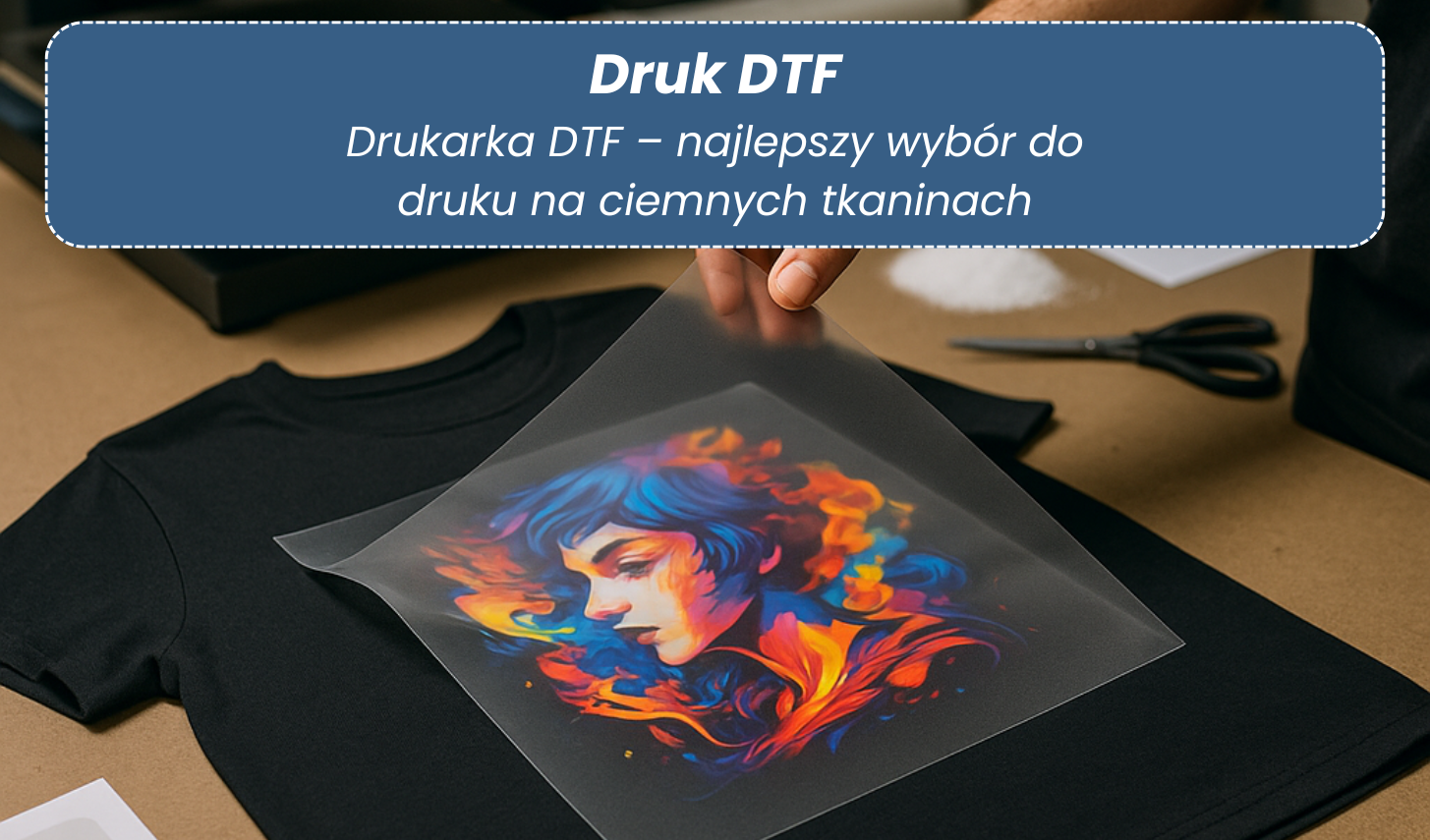 Drukarka DTF w procesie nanoszenia nadruku na ciemną tkaninę, wyraźne kolory i wysoka jakość nadruku na czarnym materiale